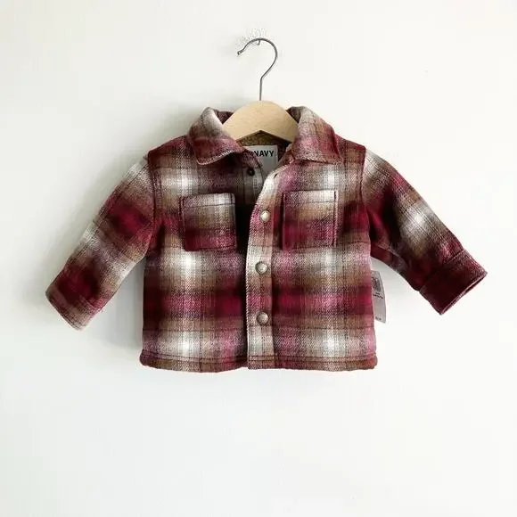 NWT Old Navy Baby 3-6 Mos Flannel Jacket Plaid Sherpa Lined Pockets Dark Red - Picture 1 of 7